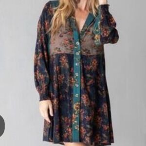 NATURAL LIFE Multicolor Patchwork Floral Button-down Long Sleeve Dress Medium